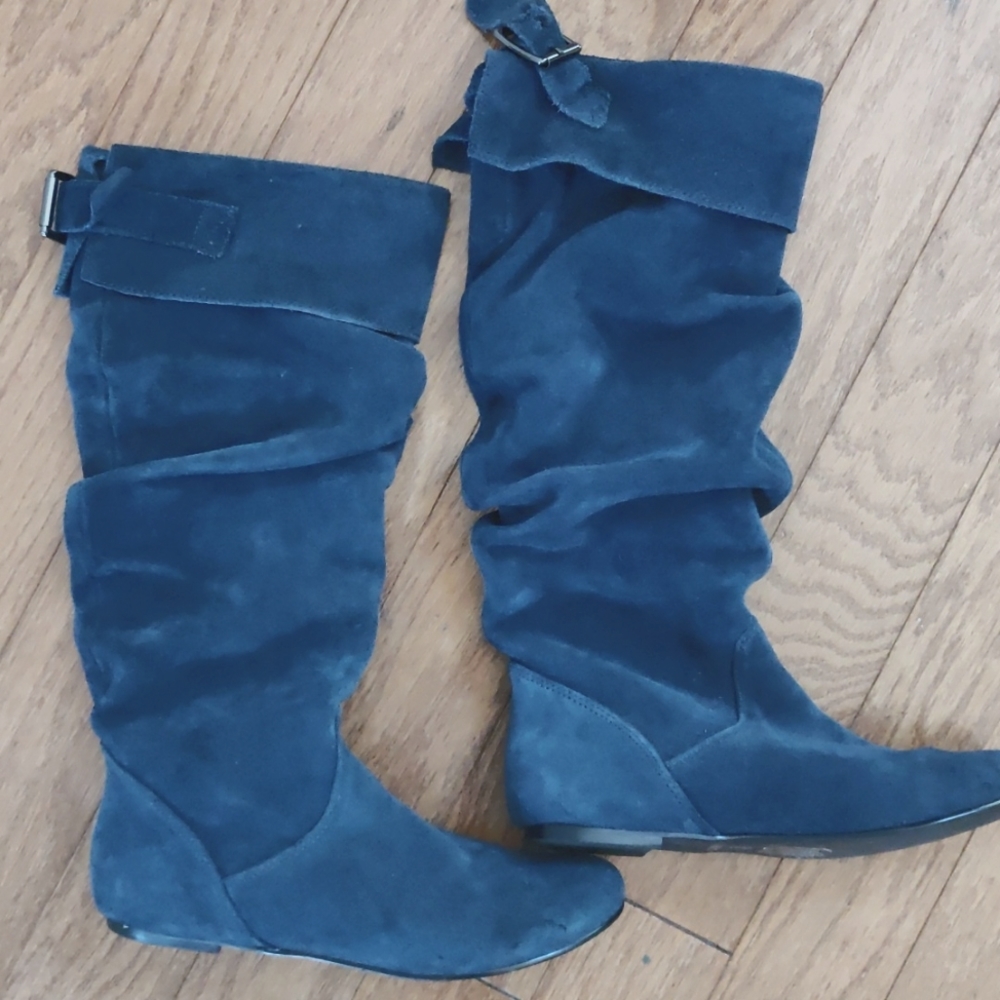 Blue suede slouch knee high boots size 6.5